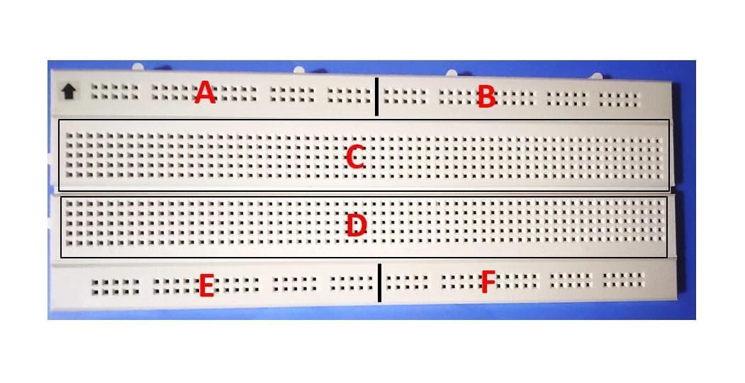 The breadboard shown below is divided into six parts, and all are electrically separated.