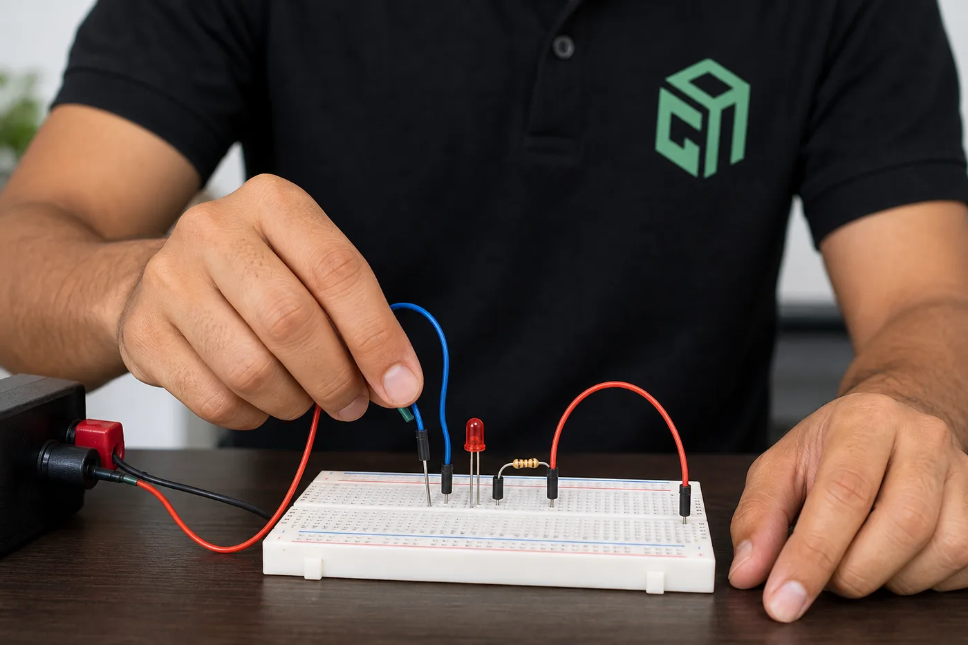 Student working on a white electronics breadboard with jumper wires and LED components