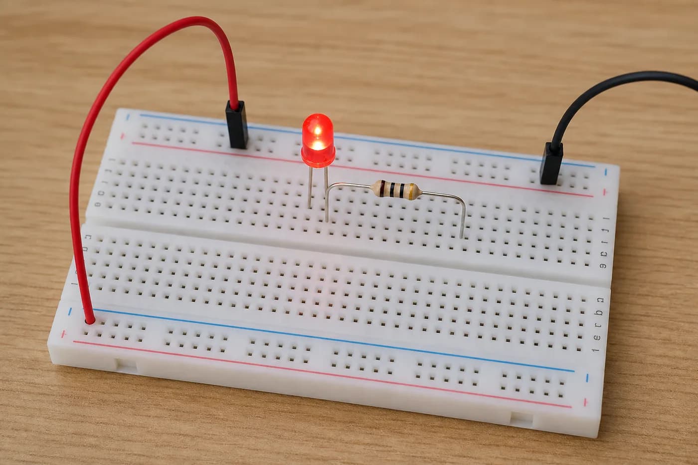 Lit LED circuit on a breadboard with resistor and jumper wires
