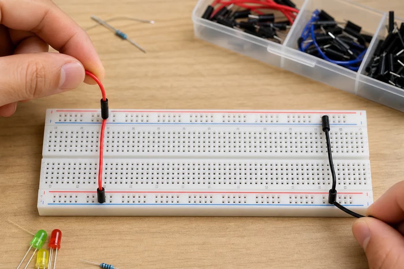 Jumper wires connecting breadboard power rails for a beginner circuit