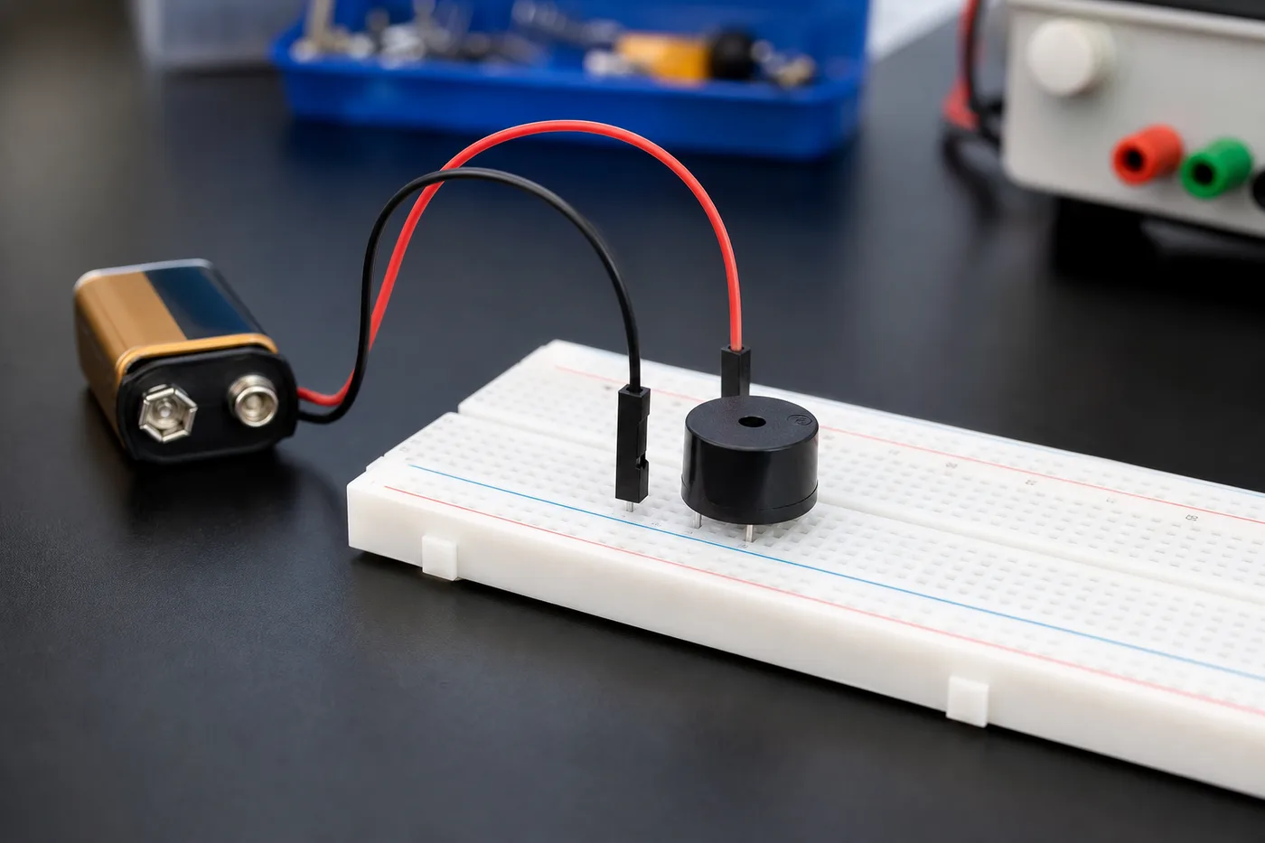 Piezo buzzer wired on a breadboard for a beginner electronics test