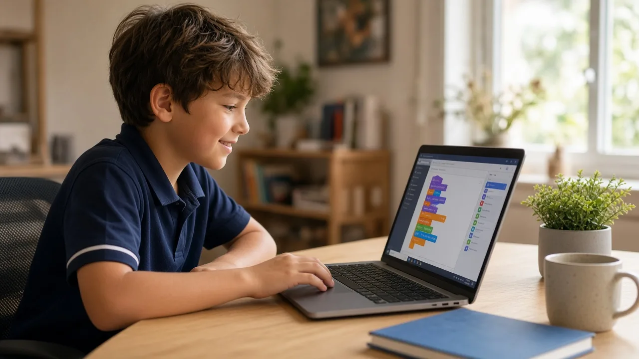 Australian primary school student learning visual coding on a laptop at home