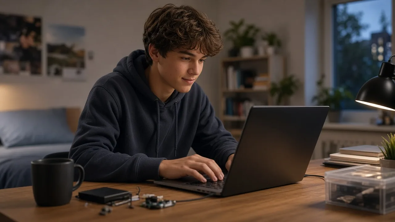 Australian Year 11–12 student building an advanced coding project on a laptop