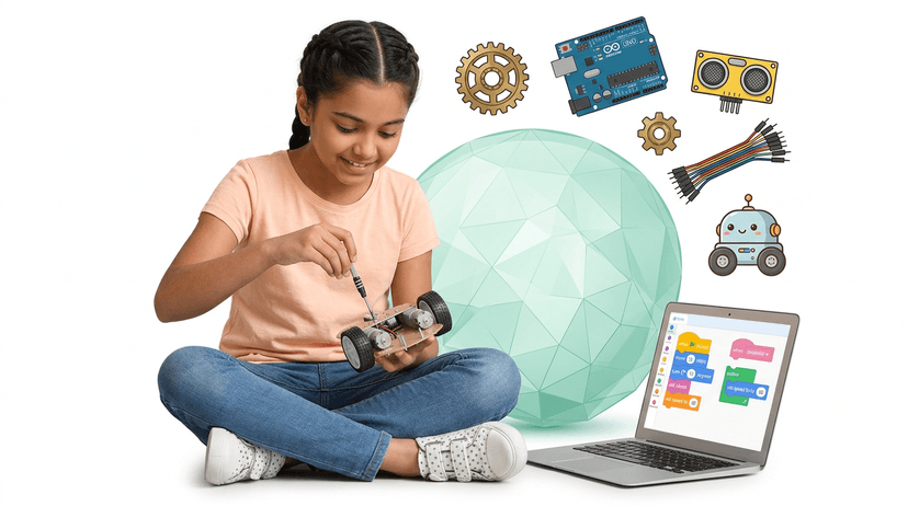 Child building and programming robots with sensors and circuits