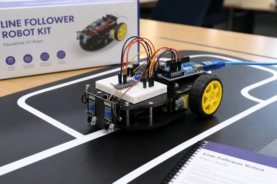 Student-built line-following robot on a track with sensors