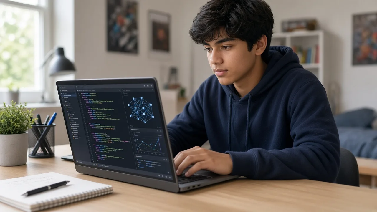 Student continuing a personal project on a laptop with mentor support