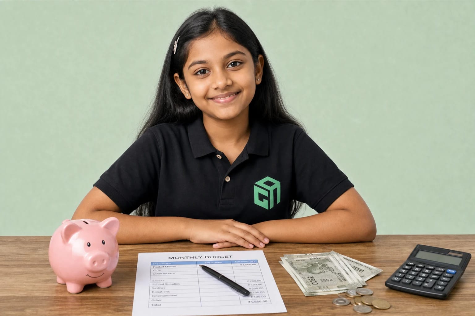 GeekashramJr student in black Geekashram polo learning money management, saving, budgeting, and financial safety