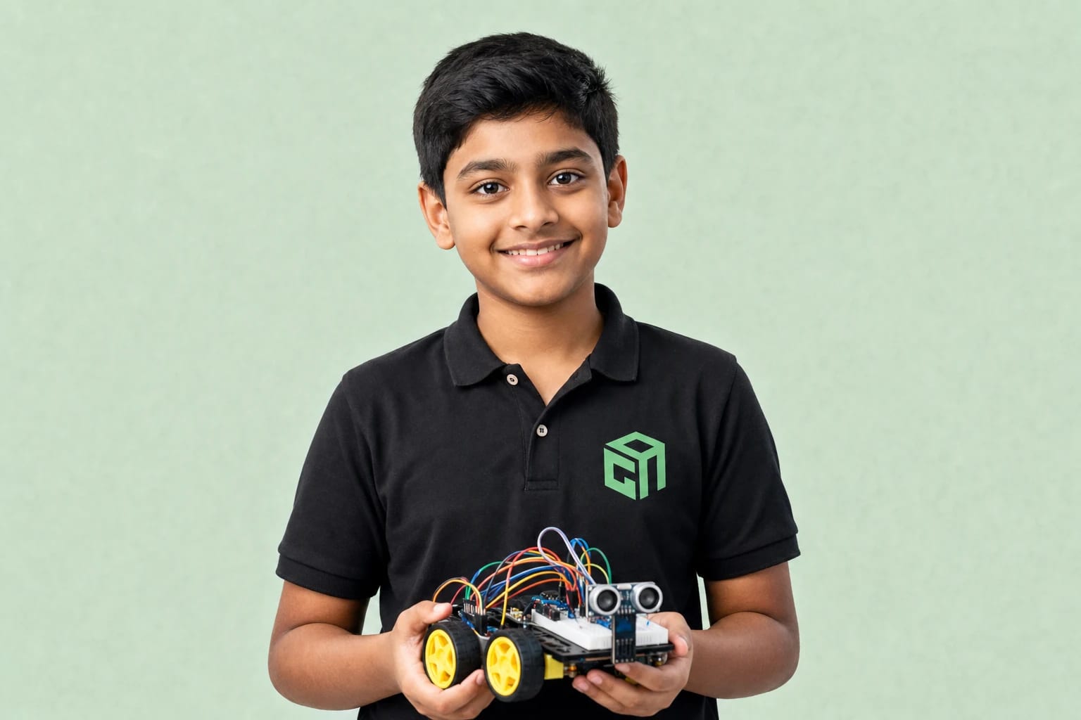 GeekashramJr student in black Geekashram polo building and programming robots with sensors and circuits