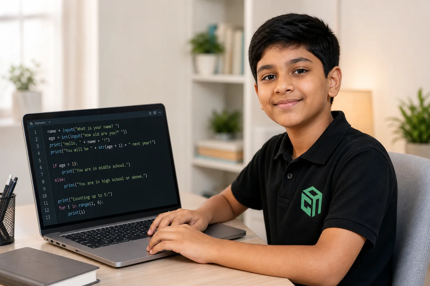 GeekashramJr student in black Geekashram polo learning Python projects with correctly oriented code on a laptop