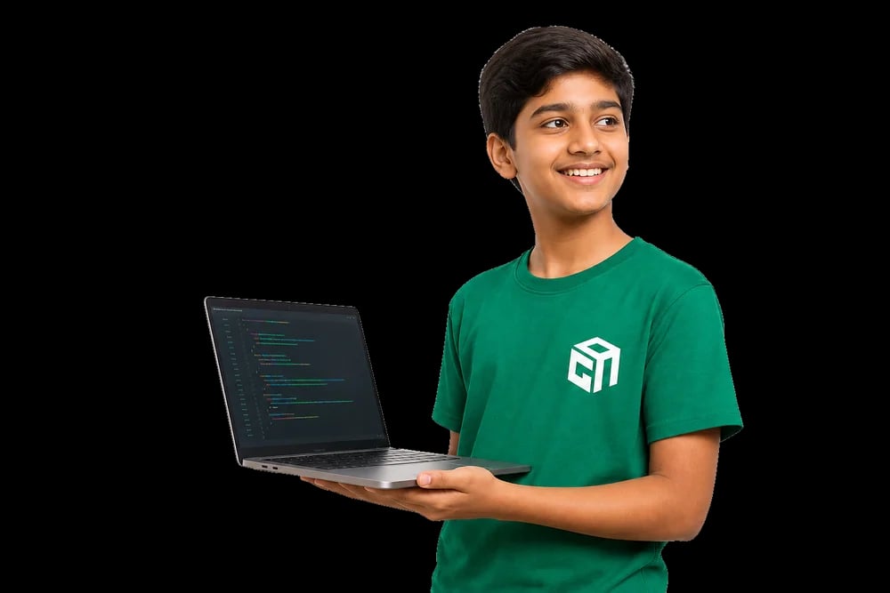 GeekashramJr student writing a Java program on a laptop