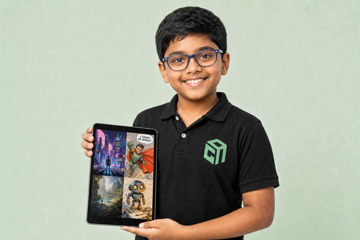 GeekashramJr student in black Geekashram polo creating everyday artificial intelligence projects