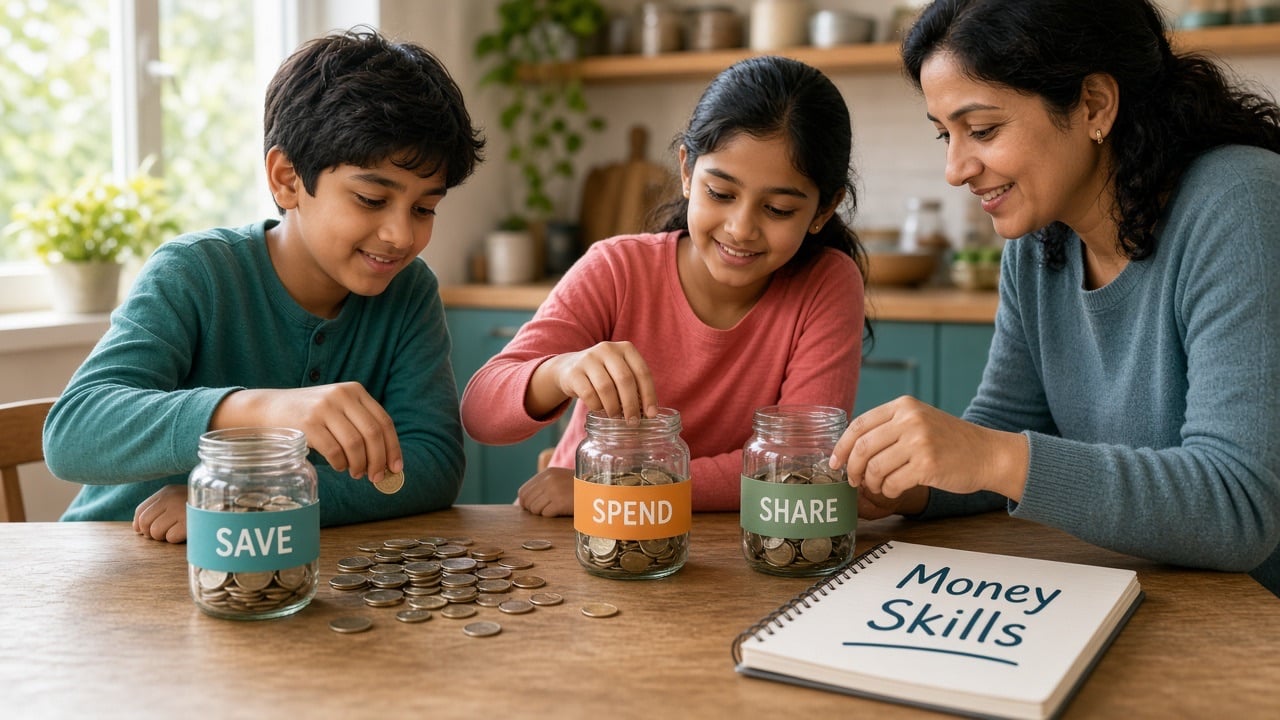 Two children and a parent putting coins into Save, Spend, and Share jars Two children and a parent putting coins into Save, Spend, and Share jars