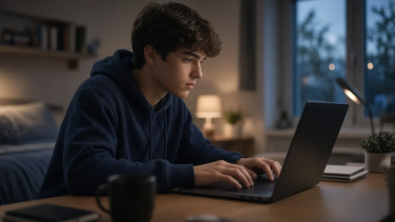Canadian high school student building an advanced coding project on a laptop