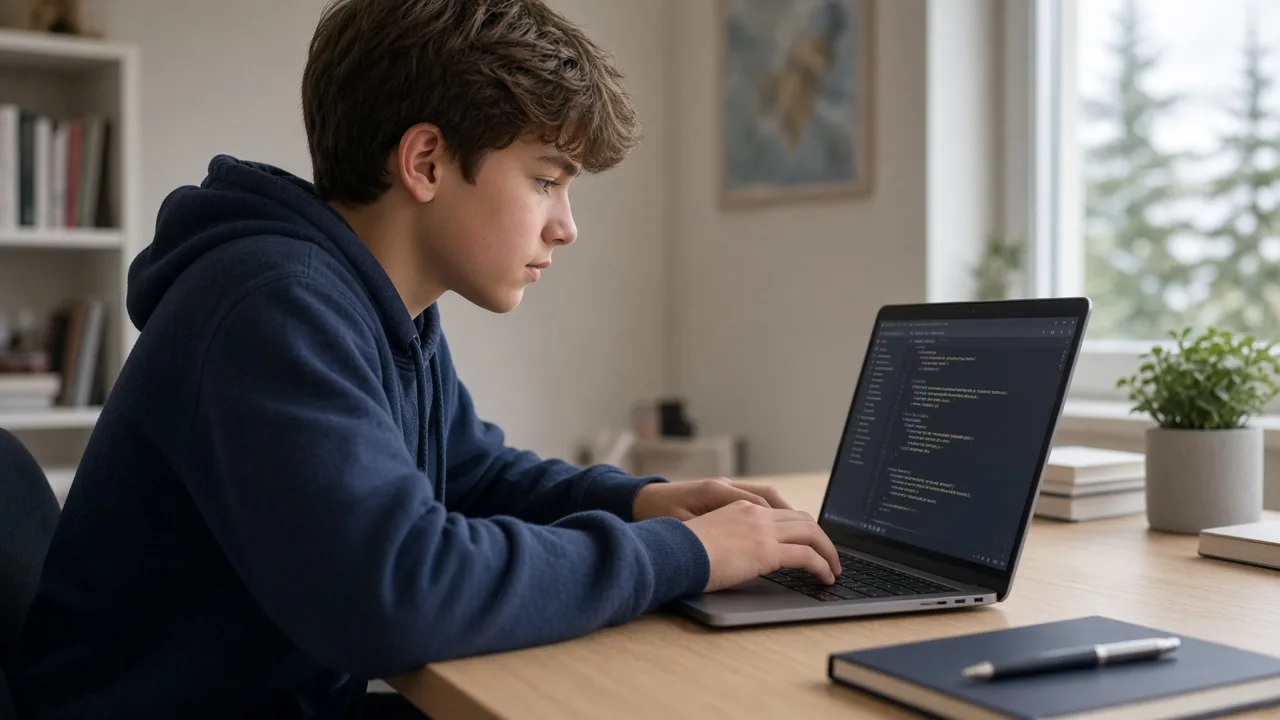 Canadian middle school student coding Python on a laptop
