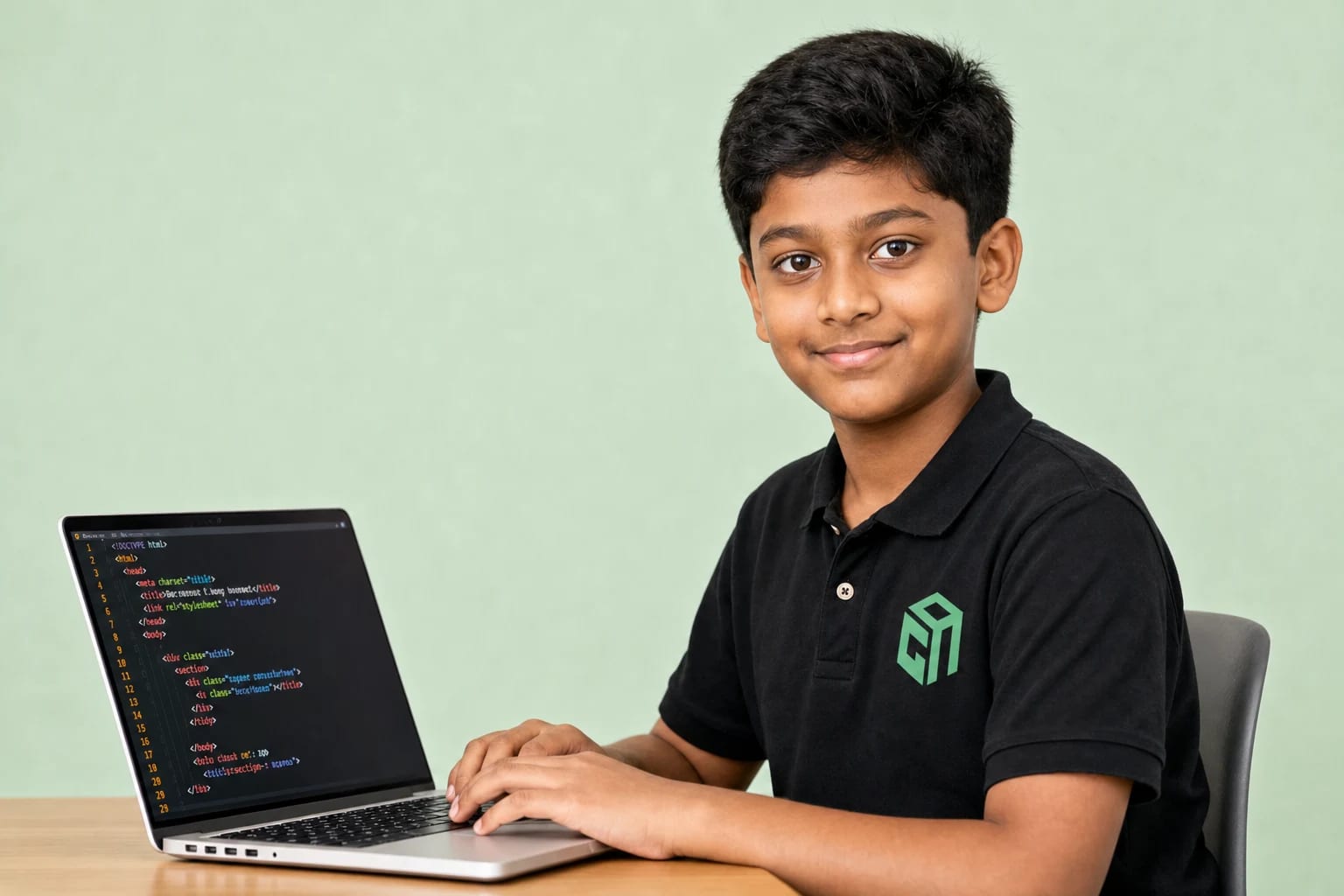 GeekashramJr student in black Geekashram polo learning web development with HTML, CSS, and JavaScript GeekashramJr student in black Geekashram polo learning web development with HTML, CSS, and JavaScript