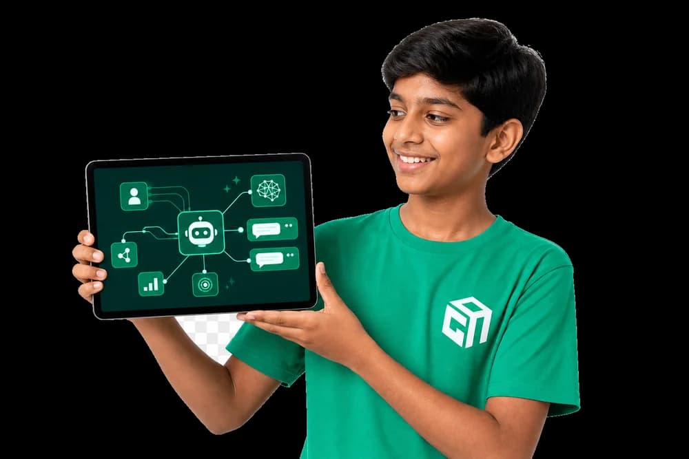 GeekashramJr student in Geekashram t-shirt creating AI agents on a tablet