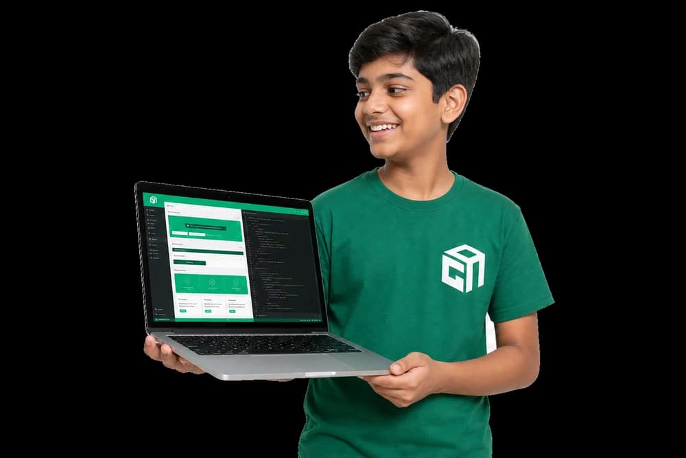 GeekashramJr student in Geekashram t-shirt building a website project