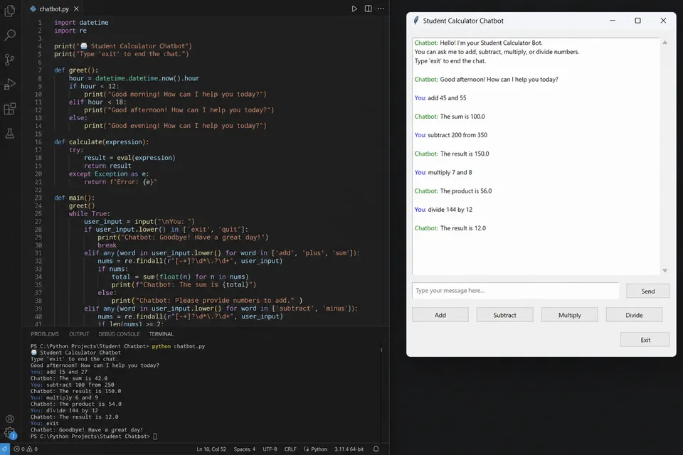 Python chatbot and calculator student project screenshot Python chatbot and calculator student project screenshot