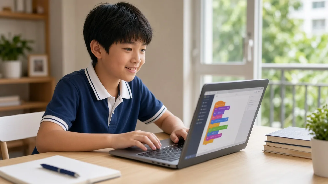 Singapore primary school student learning visual coding on a laptop at home