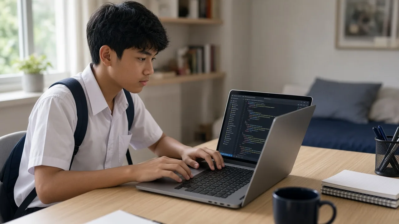 Singapore secondary school student coding Python on a laptop