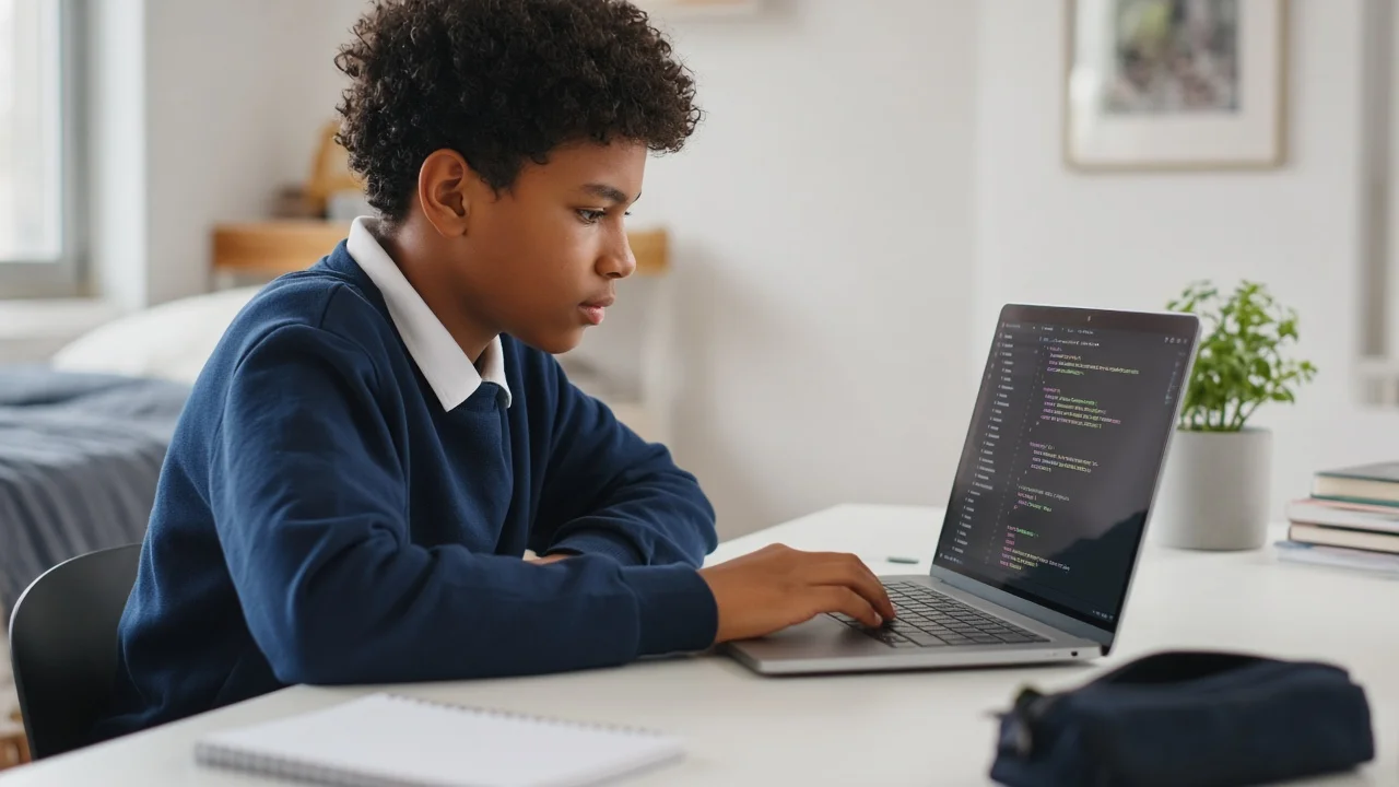 UK Key Stage 3 student coding Python on a laptop